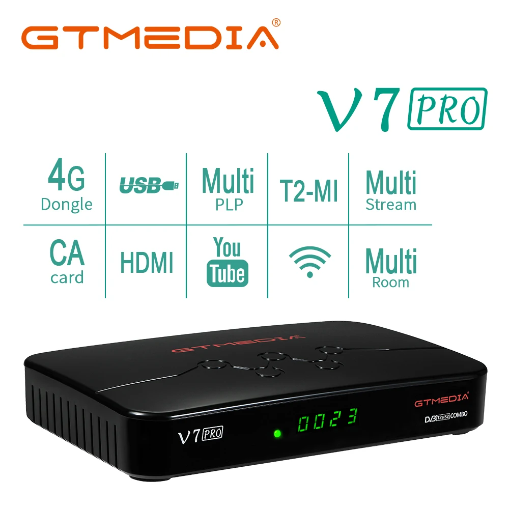 

GTMEDIA V7 Pro Satellite TV Receiver Decoder DVB-S/S2/S2X+T/T2 CA Card Receiver Support H.265 Built-in WIFI better V7 plus Box