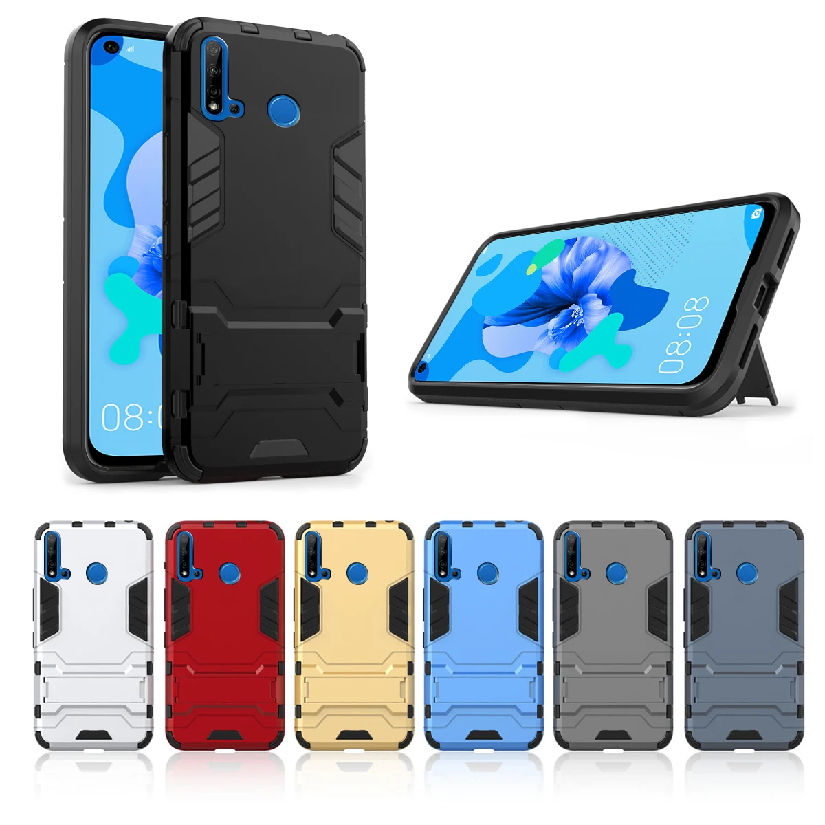 Black Для huawei P20 Lite Nova 5i Nova 5 Pro задний Чехол с двойным слоем ТПУ+ PC Гибридный чехол противоударный защитный чехол с подставкой - Цвет: Black