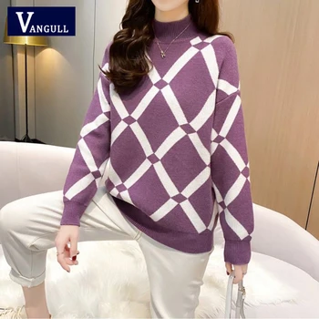 

Vangull Lattice color matching Women's Sweater Autumn Pullovers Half High Collar Loose Casual Long Sleeve Knitting Sweater Tops