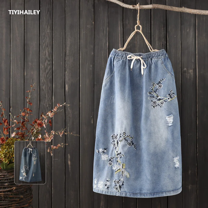 TIYIHAILEY Free Shipping 2020 Cotton Denim Long Mid-calf Skirts For Women Summer Elastic Waist A-line Embroidery Skirt Blue L-XL wholesale ddb extruder embedded collet clips for extruder and other embeddable tube ptfe tube blue collet clips free shipping