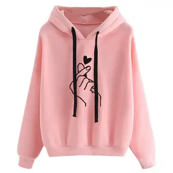 

Sweatshirt Women Finger Heart Print Soft Loose Drawstring Hoodies Leisure Hooded Sweatshirt