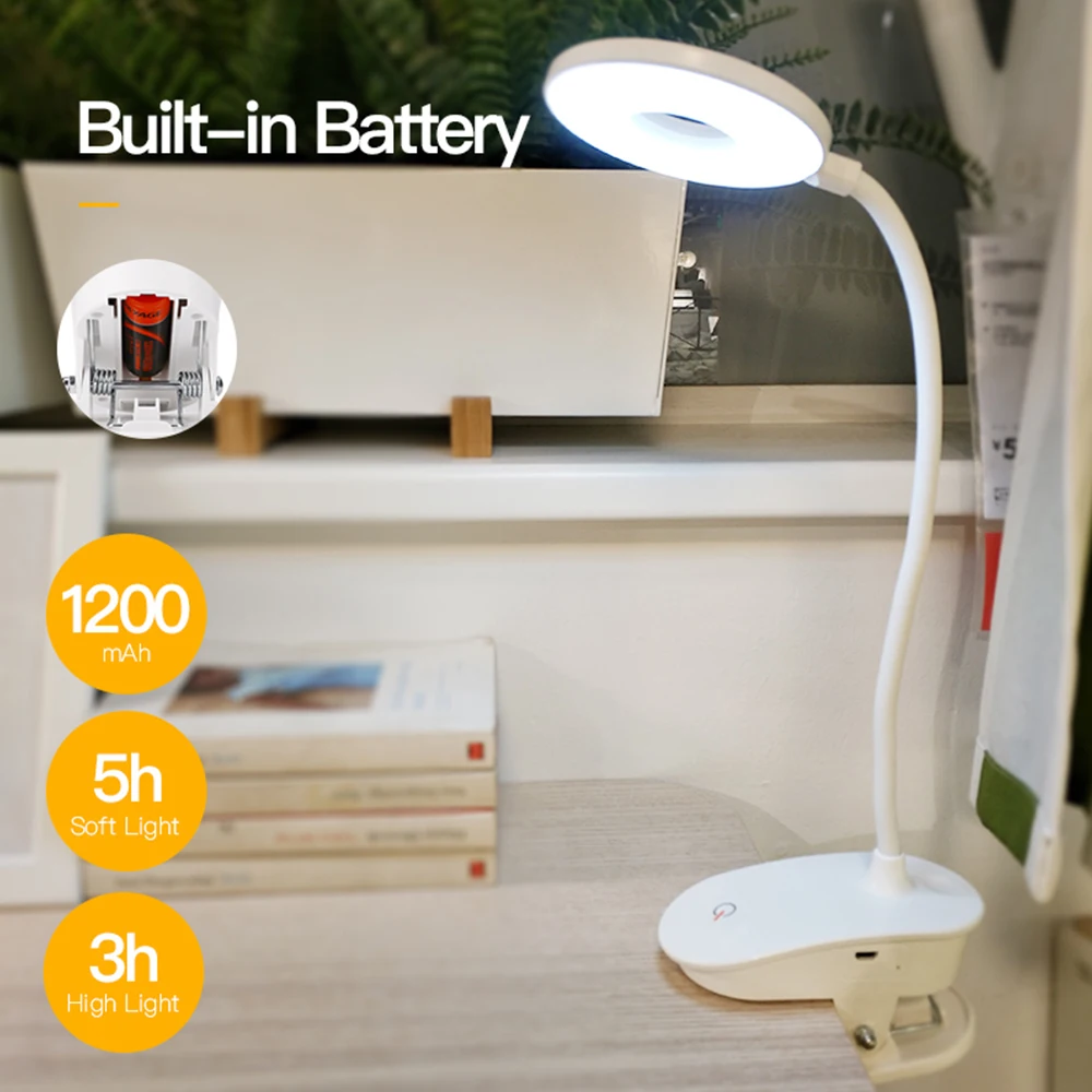 

18650 LED Touch On/off Switch 3 Modes Clip Desk Lamp Eye Protection Reading Dimmer Rechargeable USB LED Table Lamps