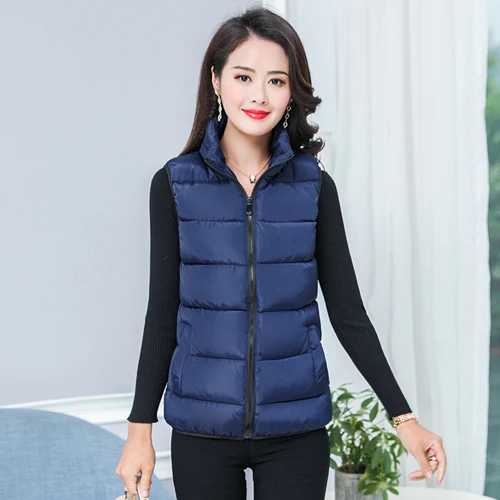 Осенне-зимний женский жилет с воротником-стойкой теплая уличная одежда жилет большого размера куртка плюс размер кардиган-безрукавка - Цвет: Синий