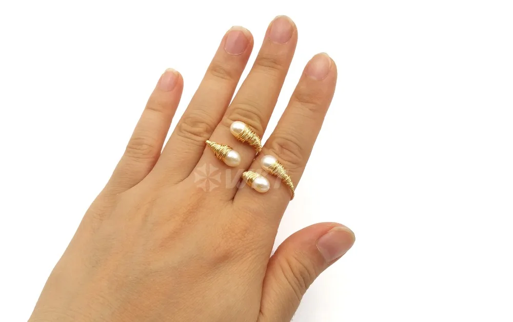 WT-R342 натуральный пресноводный жемчуг разрезное кольцо обернутое жемчужное кольцо с золотой Гальванизированный регулируемый размер модные ювелирные изделия для женщин