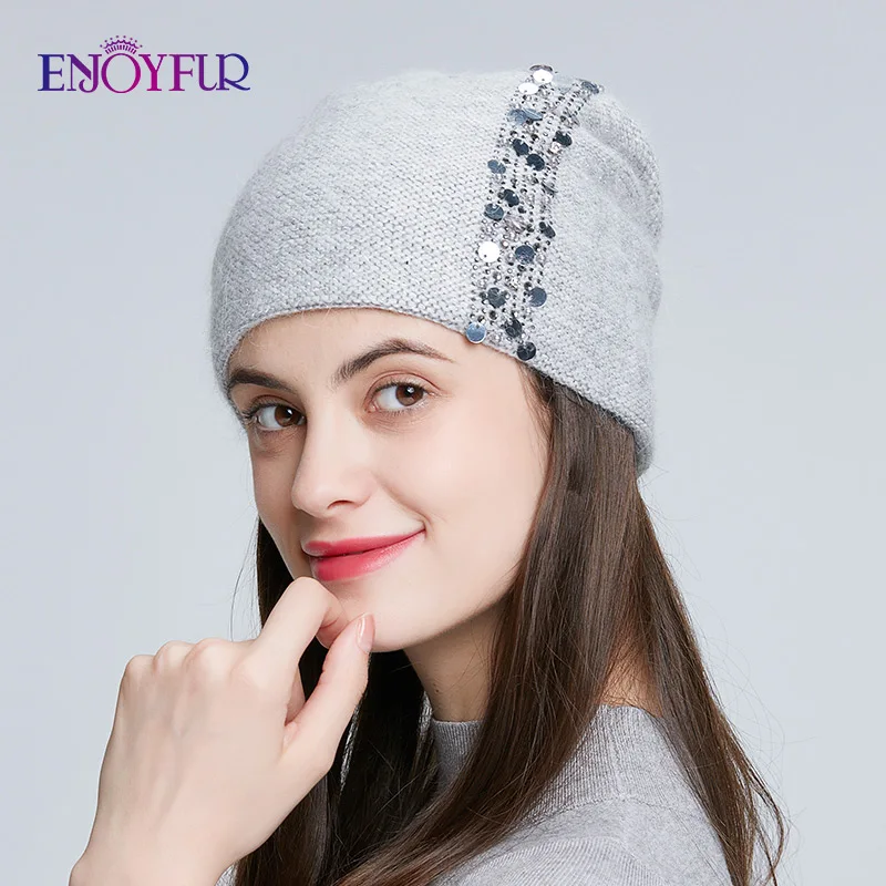 Женская двухслойная вязаная шапка бини ENJOYFUR Толстая теплая с блестками и