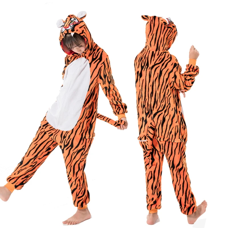 Kigurumi/детская зимняя одежда для сна; детская Радужная Пижама с единорогом и пандой; Детский комбинезон для девочек и мальчиков; комбинезон с единорогом для детей - Цвет: Tiger