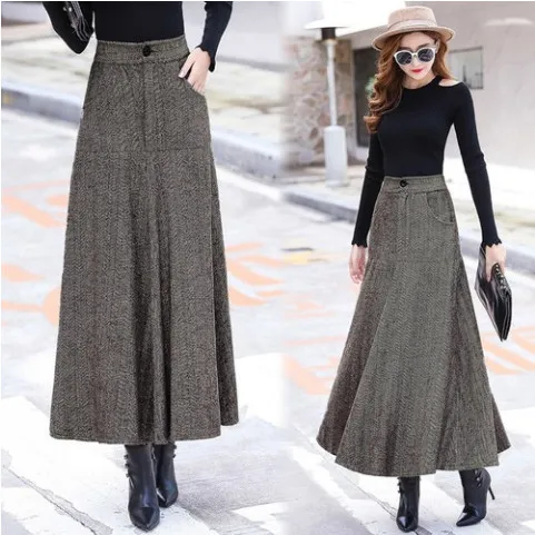 autumn winter wool skirt 2023 elegant vintage striped maxi long skirt  office lady high waist a line pleated skirts womens fw649