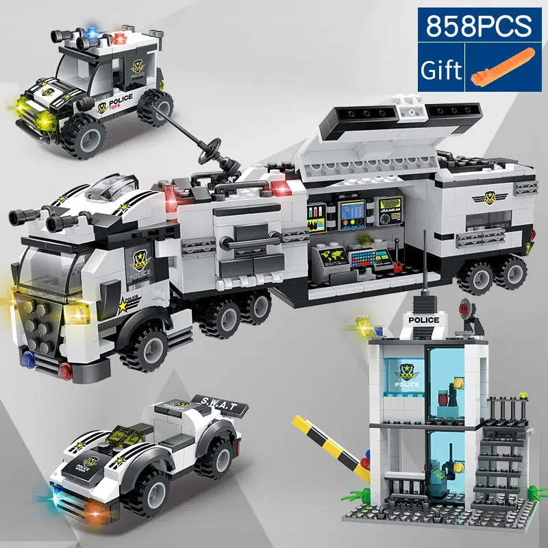 

858pcs City Police Series Building Blocks SWAT Truck Bricks Set Vehicle Police Staction Blocks Educational Toys For Children Kid