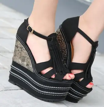 

Wedge Super High Heel Platform Sandals Women Ankle Casual T-Strap Tassel Shoes