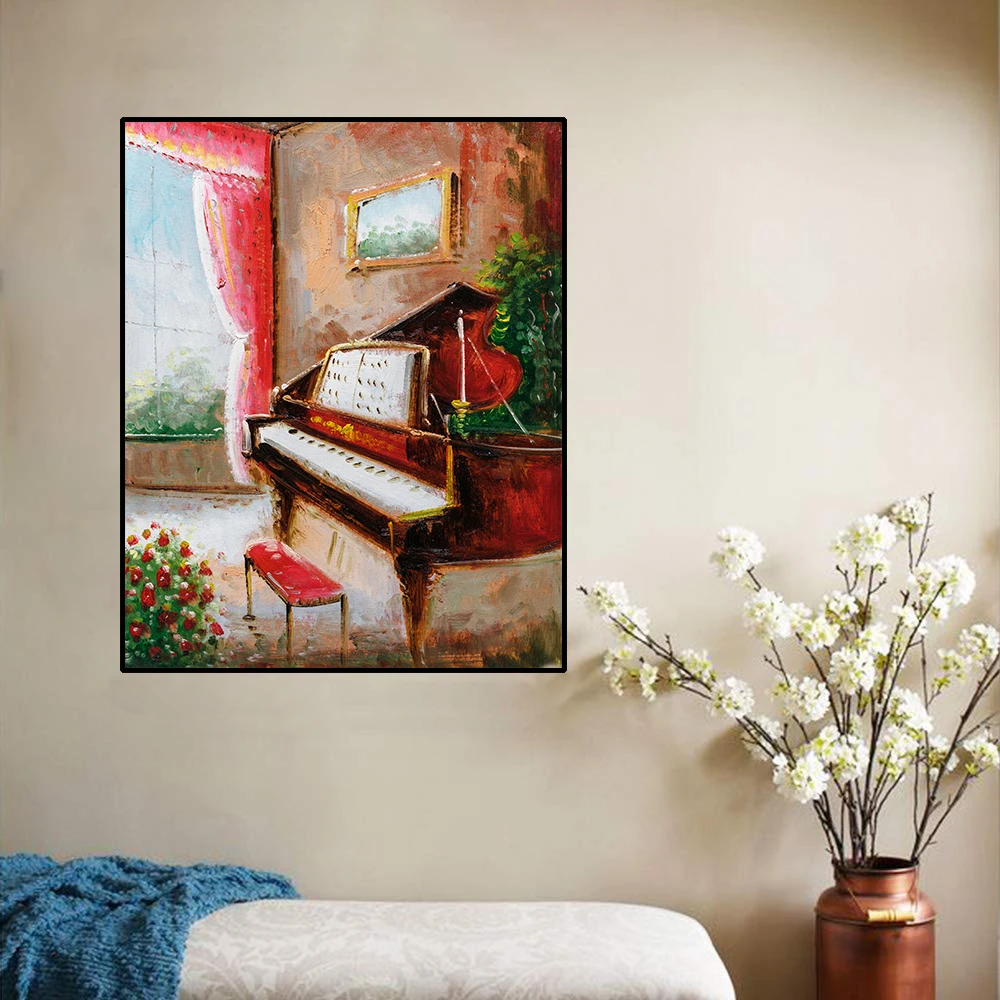 

Canvas Art Oil Painting Piano and pot by the window Art Poster Picture Wall Decor Modern Home Decoration For Living room Office