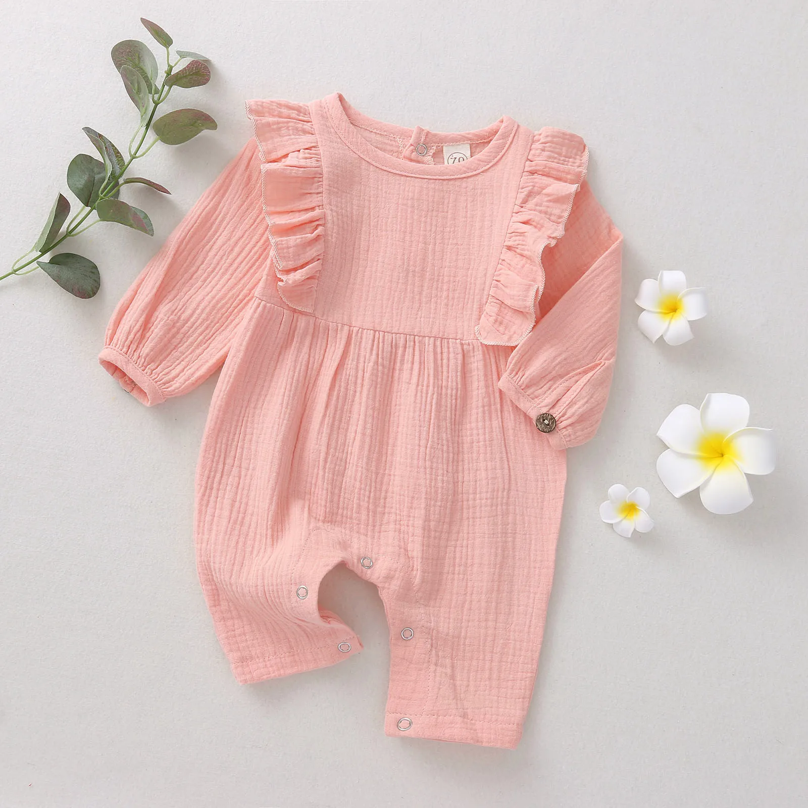 Baby Girls Casual Romper, Long Sleeve Round Collar Solid Color Jumpsuit