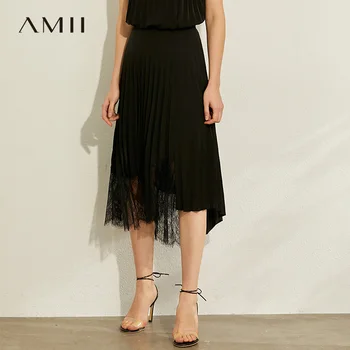 

AMII Minimalism Spring Summer Pleated Design Lace Spliced Women Skirt Fashion High Waist Calf-length Female Skirt 12040078