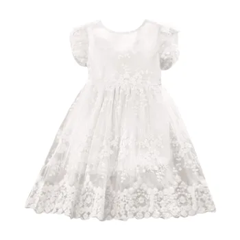 

Children girl fashion flying sleeves round neck solid color lace stitching lace dress dress холодное сердце