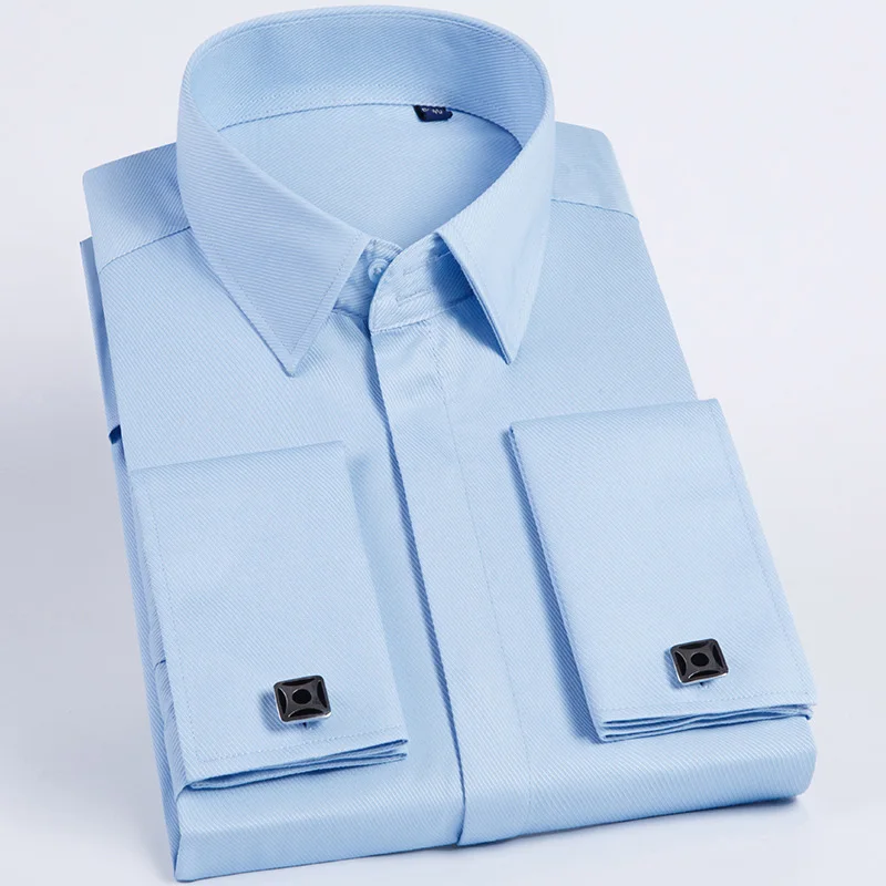 sky blue Jbersee/Мужская модная рубашка больших размеров, французская запонка, роскошная мужская рубашка, приталенная, повседневная, брендовая, с длинными рукавами, для свадебной вечеринки, мужские рубашки - Цвет: sky blue