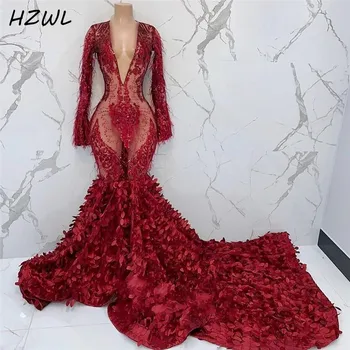 

Illusion Plus Size Evening Dresses Long Sleeves Appliques Sequins Mermaid Prom Dress African Black Girl Formal Party Wear robe