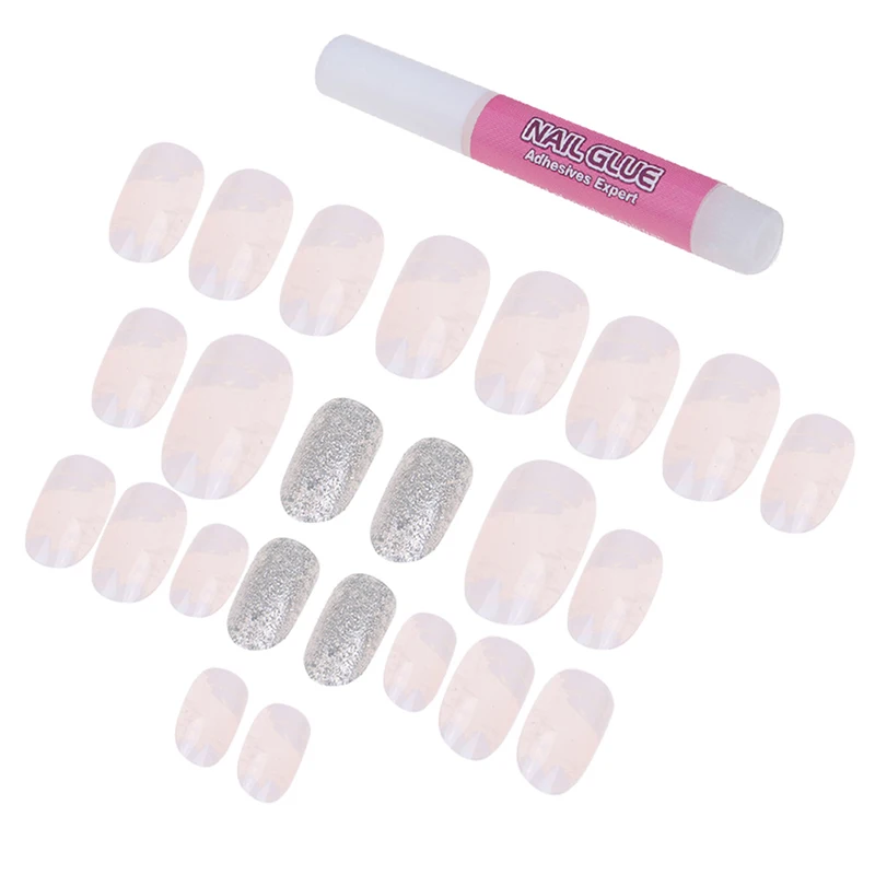 24Pcs Glitter Gold White Pink Square Artificial Nail Tips Fashion Fake Nails With Glue Sticker For Daily Office Finger Wear