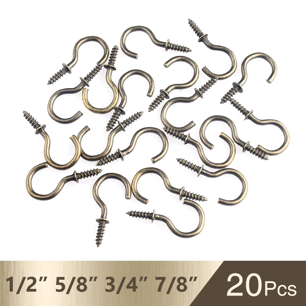 

20Pcs/set 1/2" 5/8" 3/4" 7/8" Inches Heavy Screw High Quality Cup Hook Brass Plated Hooks Wall Hanging Hanger Shouldered Screw