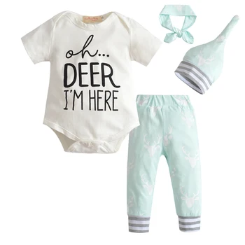 

2019 Summer Fashion Baby Girl Boy Clothes Set Cotton Baby Boys Girls Bodysuits T-shirt Pants Hat Outfit Set Clothing 4pcs