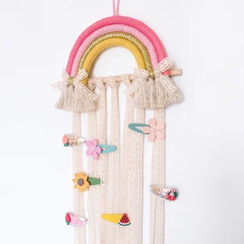 

Nordic Rainbow Tassel Wall Hanging Ornaments Hair Bows Storage Belt Girls Room Decoration Hair Clips Hanger Organizer Tapestry