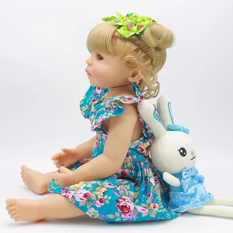 55 см Reborn Baby Doll игрушка полный Силиконовый Кролик Синий платье ткань тело короткие волосы Реалистичная кукла Малыш Дети сопроводительная игрушка