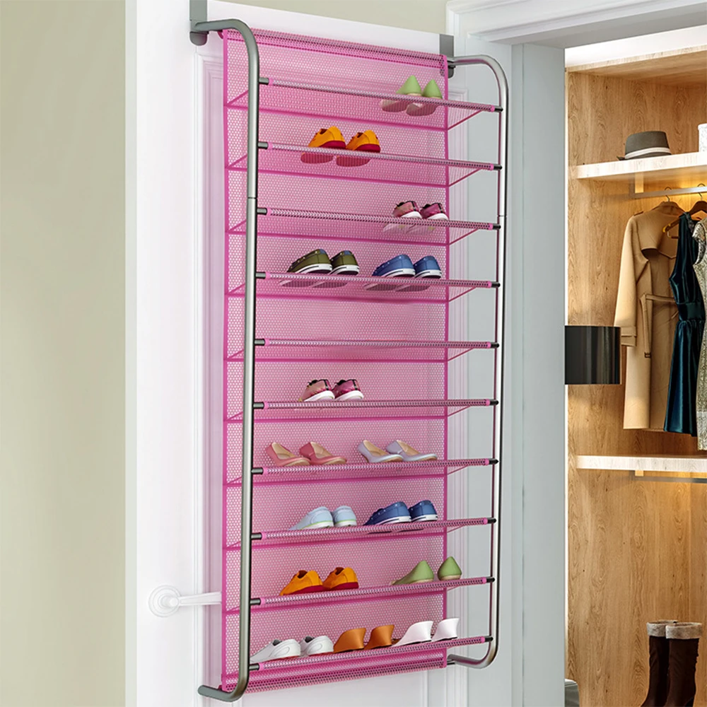 1Pc Simple Hallway Space Saving Shoe Organizer Over the Door Shoes Hanger Wall Closet Multi Layers Shoes Rack for Home Furniture - Color: PINK