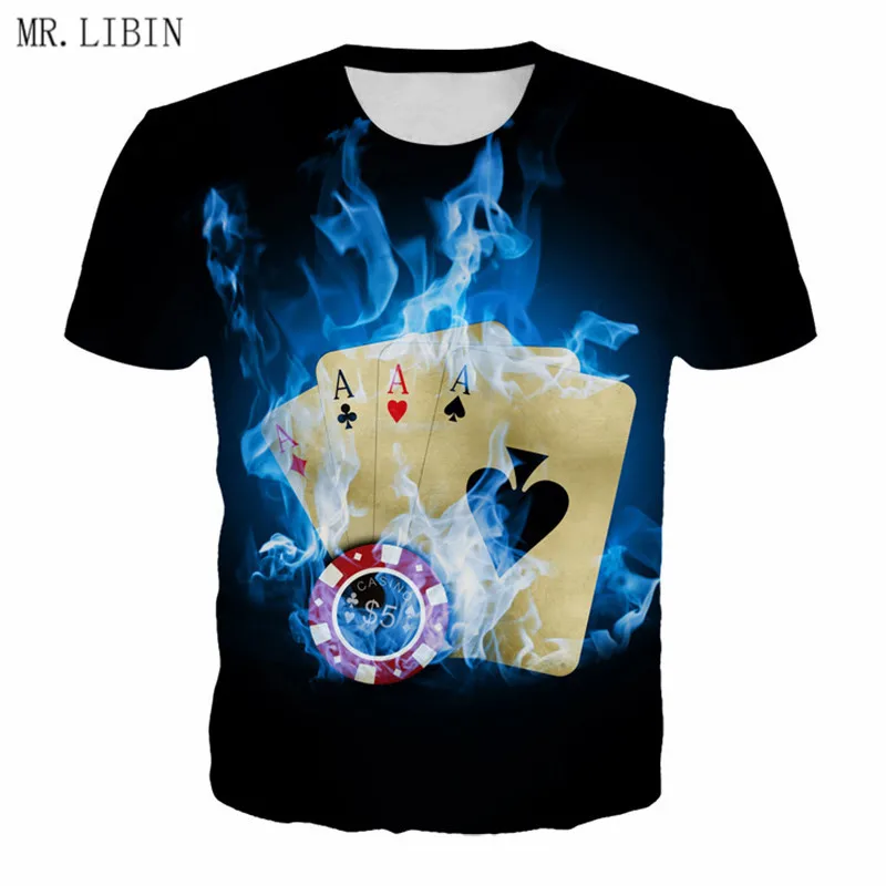 Лидер продаж футболки для покера с 3d принтом пламени рубашки коротким рукавом