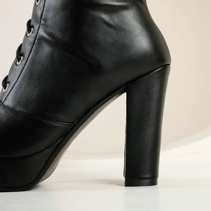 PU Leather Women Over the Knee Boots Platform Square High Heel Ladies Long Boots Fashion Cross Tied Women Winter Shoes Beige women high heel boots