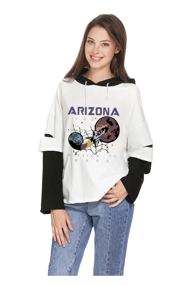 Новое поступление, женские толстовки, Arizona, Забавный принт, Осень-зима, длинный рукав, имитация двух частей, толстовки, Модный пуловер в стиле хип-хоп