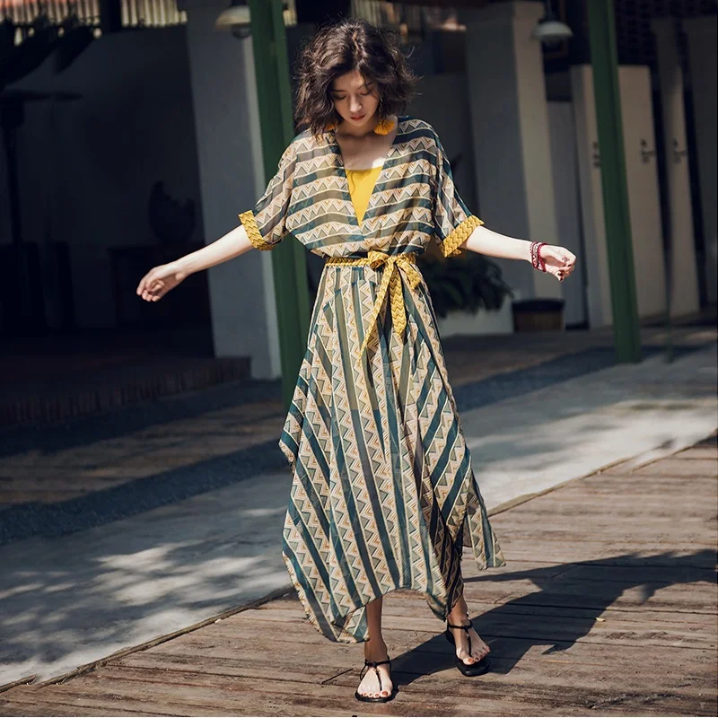 Stripe Printed Sexy Boho Dress 2pcs Set Women Summer Casual Loose Chiffon French Forest Style Holiday Lace Up Irregular Dress