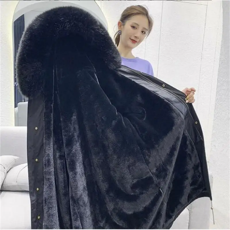 Роскошные зимние женские куртки из искусственного меха, теплая куртка для женщин, ленивый мех кролика, меховой воротник, съемный Лисий мех, длинное пальто