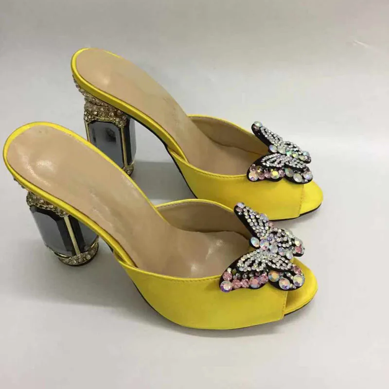 

Glitter Ladies Rhinestone Jeweled Bowtie Slippers Peep Toe Crystal Pillar High-heeled Multi Crystal Heels Summer Sho