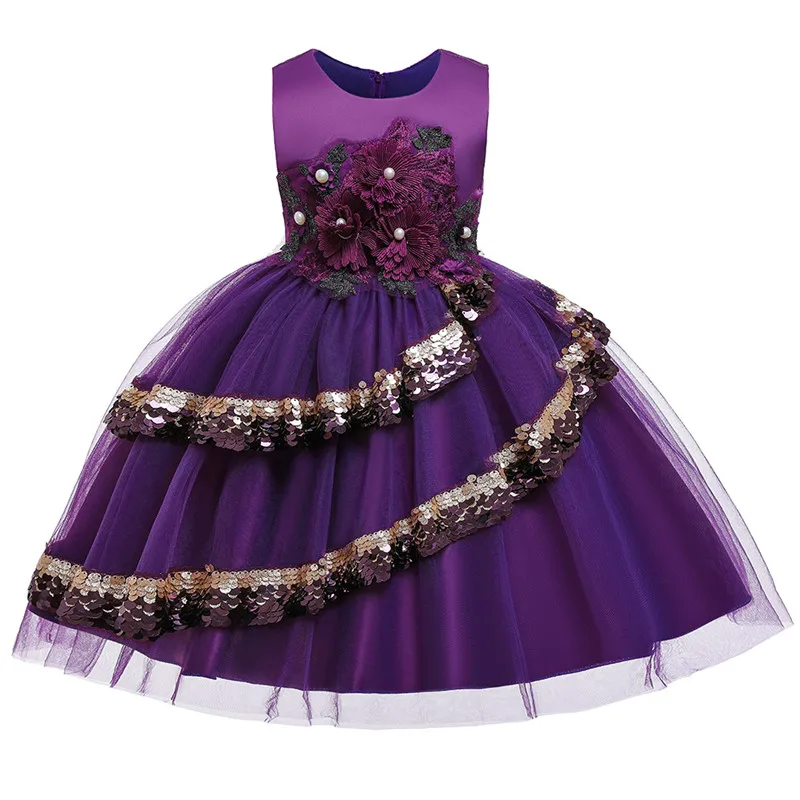 Бальные платья с кружевной аппликацией для девочек; Платья с цветочным узором для девочек; платья принцессы для дня рождения, свадьбы; элегантная детская одежда - Цвет: purple