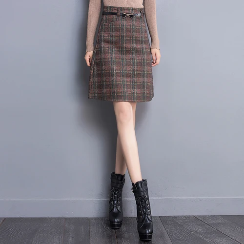 Faldas mujer moda осенняя и зимняя повседневная клетчатая юбка длиной до колена, натуральные юбки трапециевидной формы для женщин размера плюс 7645 50 - Цвет: Khakige (send a belt