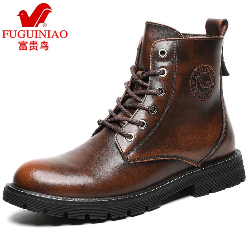 

FGN Leather Boot Men's Autumn And Winter plus Velvet Warm Hight-top Martin Boots Youth Men Waterproof Anti-slip Snow Boots Men's