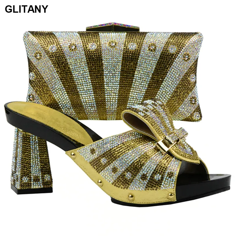 Shoe and Bag Set African Sets 2017 Fashion Gold Color Ladies Matching