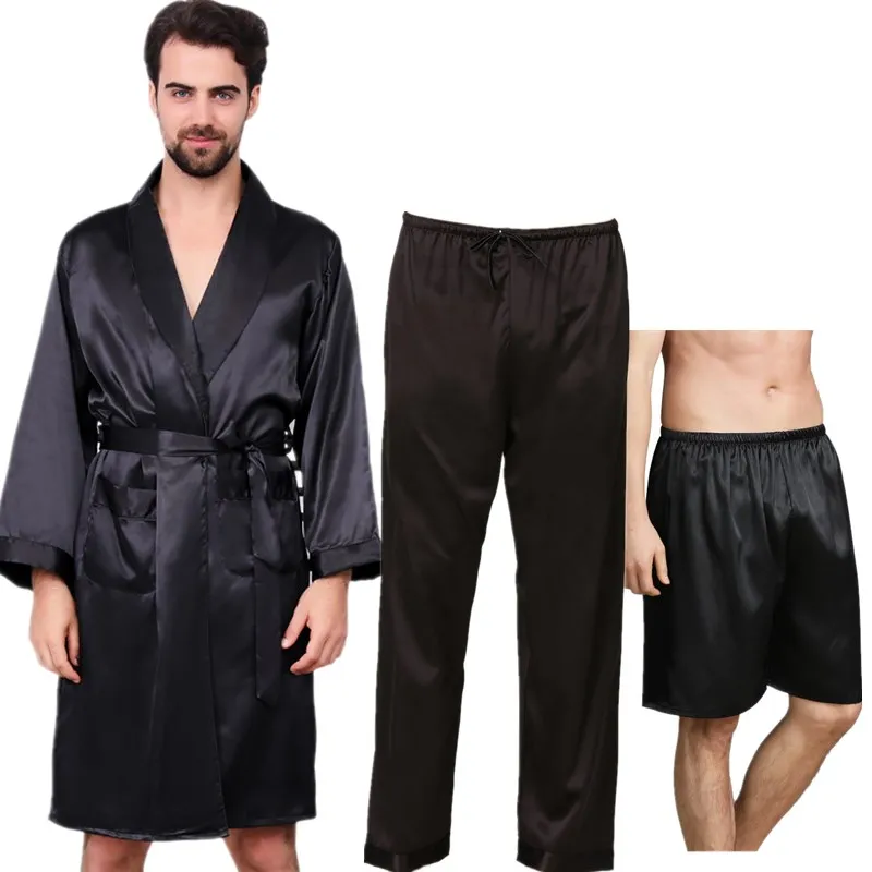 3 PCS Robe Pants Pajama Set 4XL 3XL Men Bathrobe Shorts Suit Silk Sleepwear for Men Kimono Home Soft Cozy Long-sleeved Bath Gown mens cotton pajama sets Men's Sleep & Lounge