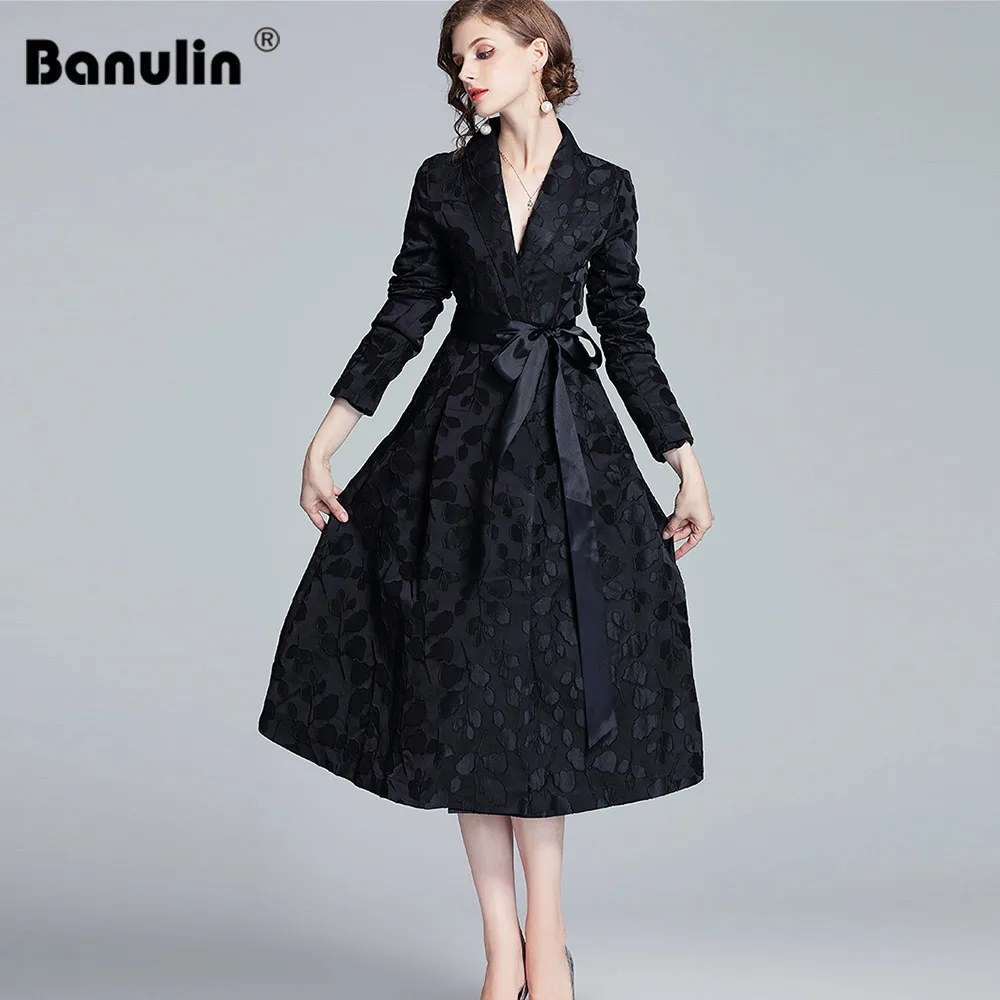 Banulin, подиум, зимний длинный Тренч, женский, длинный рукав, жаккард, Длинная ветровка с поясом, тонкий, элегантный, Casacos Femininos