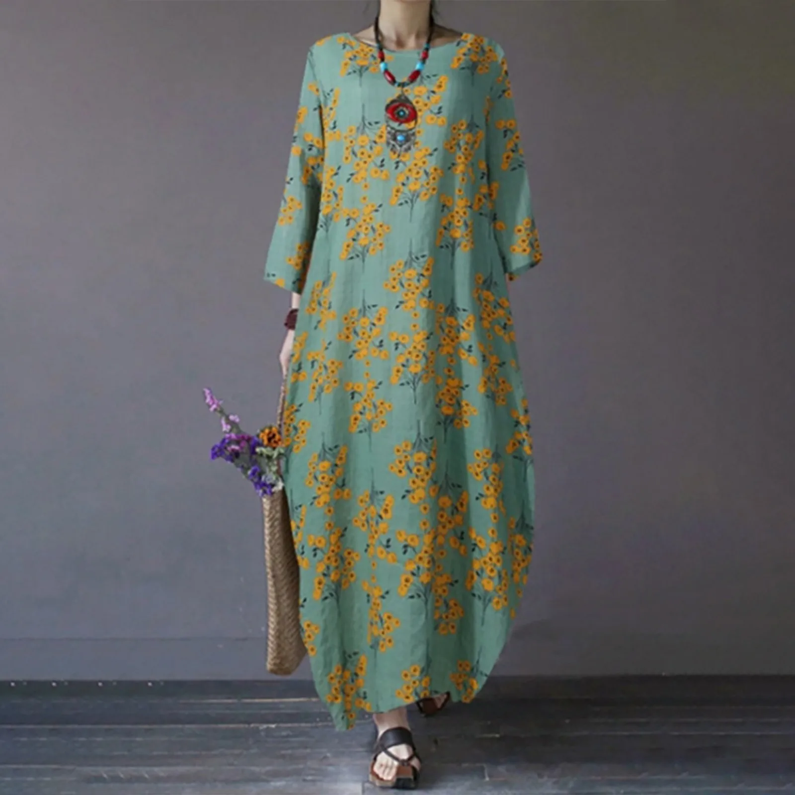 Women Vintage Printed Dresses Round Neck Pullover Print Seven-Point Sleeve Loose Autumn Retro long dress Vestidos femme 2021 new 2