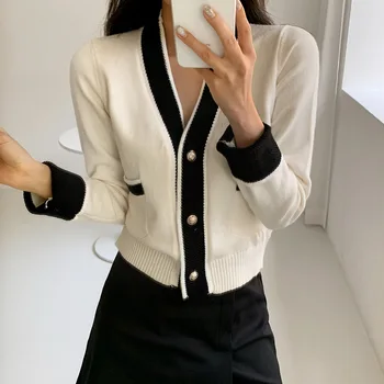 

Knitted Cardigan Women Spring and Autumn 2020 New Style Retro Contrast Color Short Tops Loose Laziness Wind Outdoor Sweater Coat