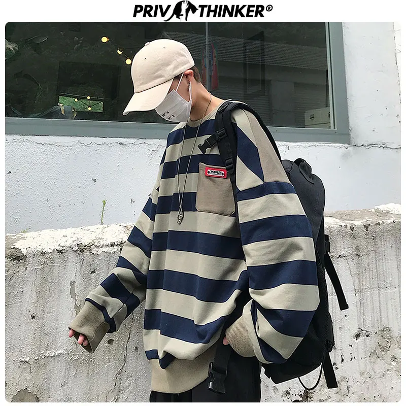 Privathinker, мужская полосатая Осенняя уличная Толстовка, мужская повседневная толстовка с круглым вырезом и длинным рукавом, мужские топы в стиле хип-хоп, свободная одежда