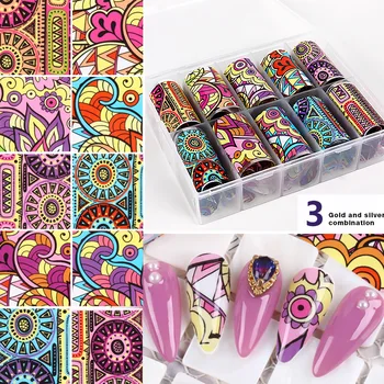 

10 Colors Kit Sparkly Nail Foils Transfer Stickers Holographic Ethnic Style Colorful Paper Wraps Adhesive Christmas Nail Decora