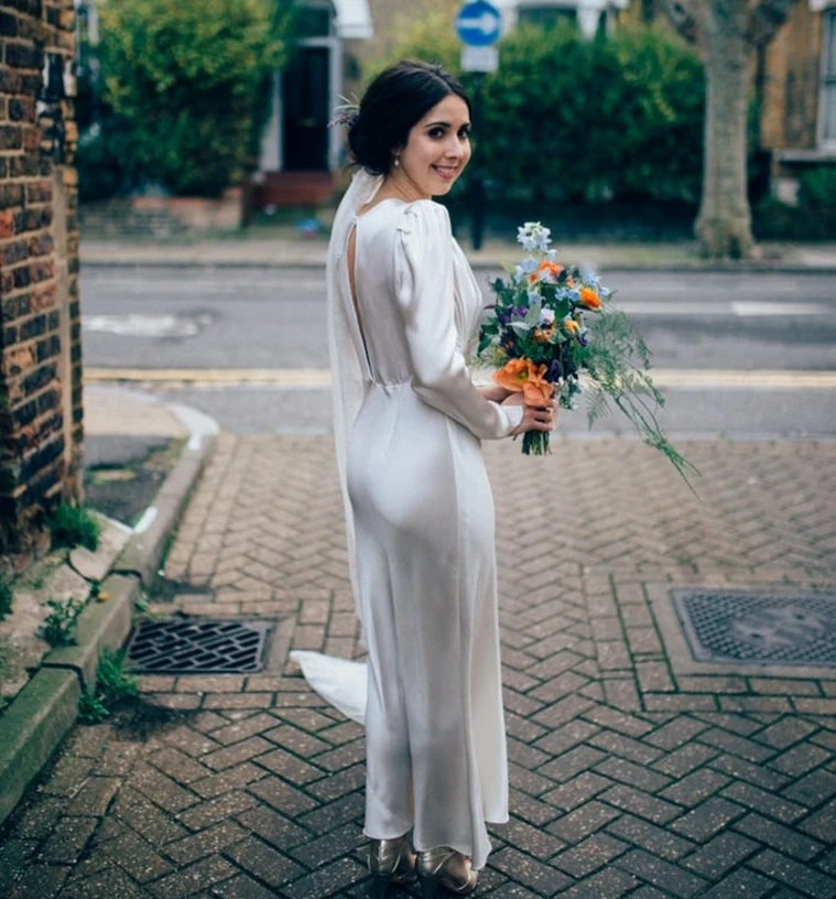 С длинным рукавом лодочкой шеи лодыжки длина шелковый атлас свадебное платье невесты платье