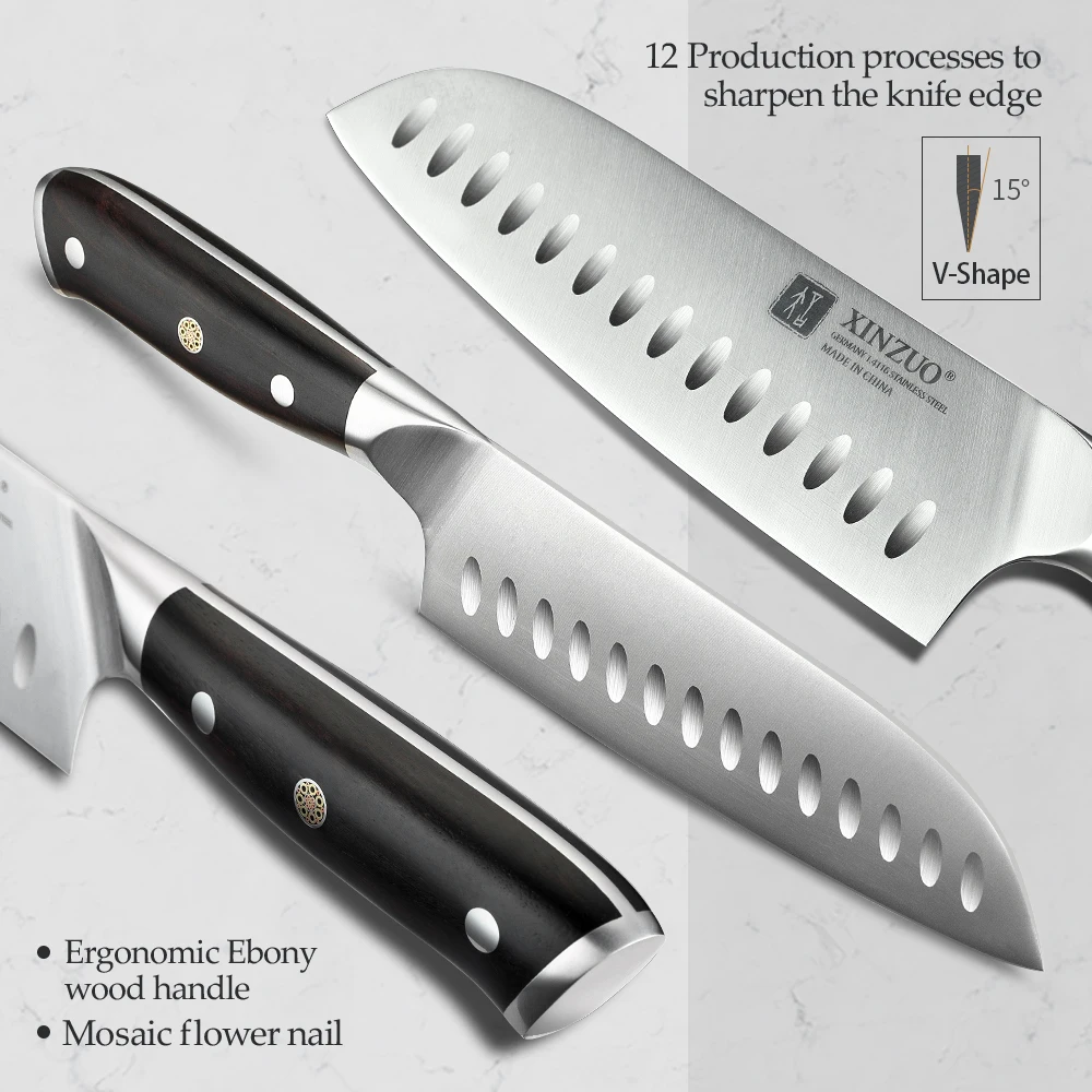 XINZUO 7'' Inch Santoku Kitchen Knives German 1.4116 Stainless Steel Cleaver Meat Cutting Knives with Ebony Handle with Gift Box