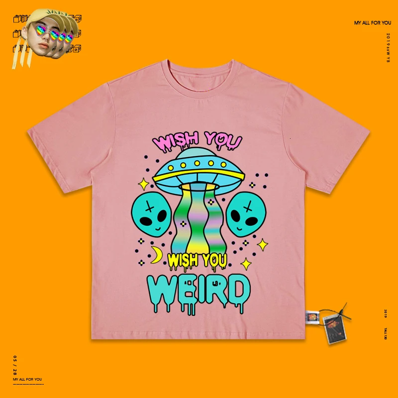 Camiseta, уличная одежда, топ, эстетика, уличная одежда, Harajuku, пара, индивидуальная, Ins, ручная роспись, Паровая волна, инопланетянин, НЛО, круглый вырез