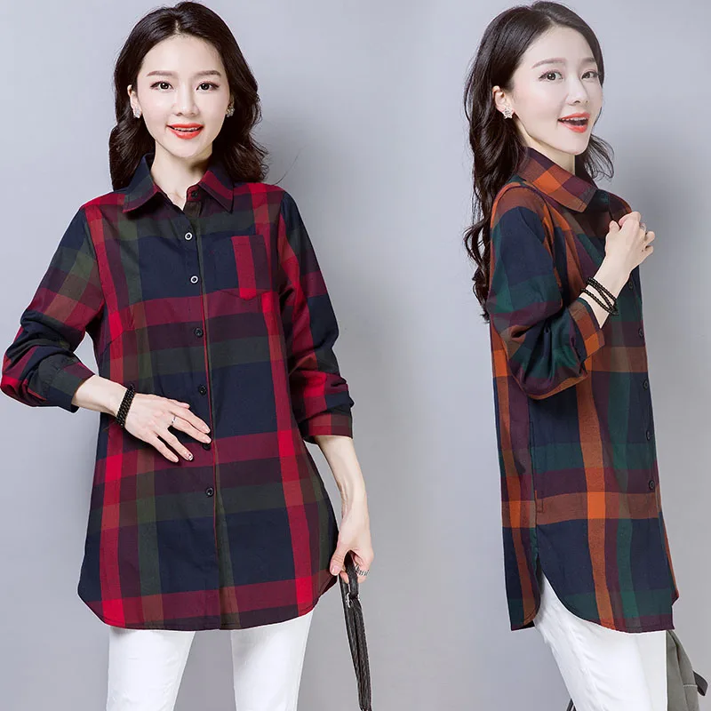 

COIGARSAM Plus Size Korea Style Shirt Womens tops New Spring Office Lady Plaid Full Sleeve Chiffon Women shirts Orange Red 693