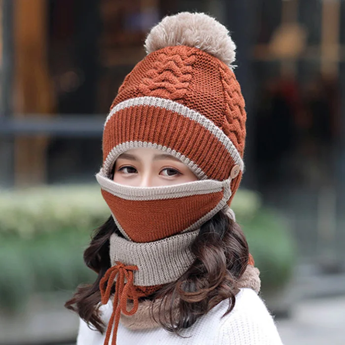 3 in 1 Winter Beanie Scarf Mask Set Warm Cap Hat Soft Knit for Women Outdoor JL