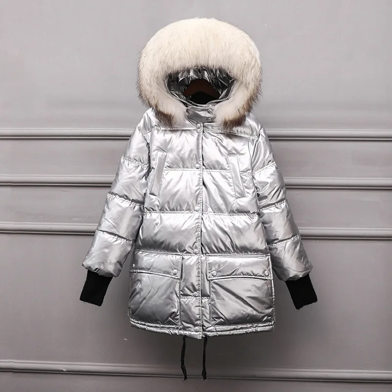 Shiny Winter Coat Women Real Raccoon Fur Collar Down Jacket Thick Warm White Duck Down Long Coats Oversize Hooded Puffer Jackets - Цвет: Milky Raccoon Fur 02