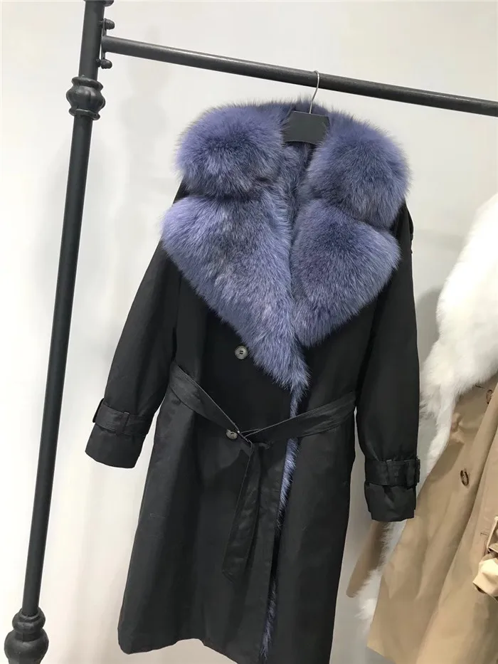 Королевский синий Пальто из натурального Лисьего меха, куртка-парка с большим лисьим меховым воротником, подкладка из лисьего меха, Толстая теплая длинная парка, пальто для женщин, водонепроницаемая - Цвет: Королевский синий
