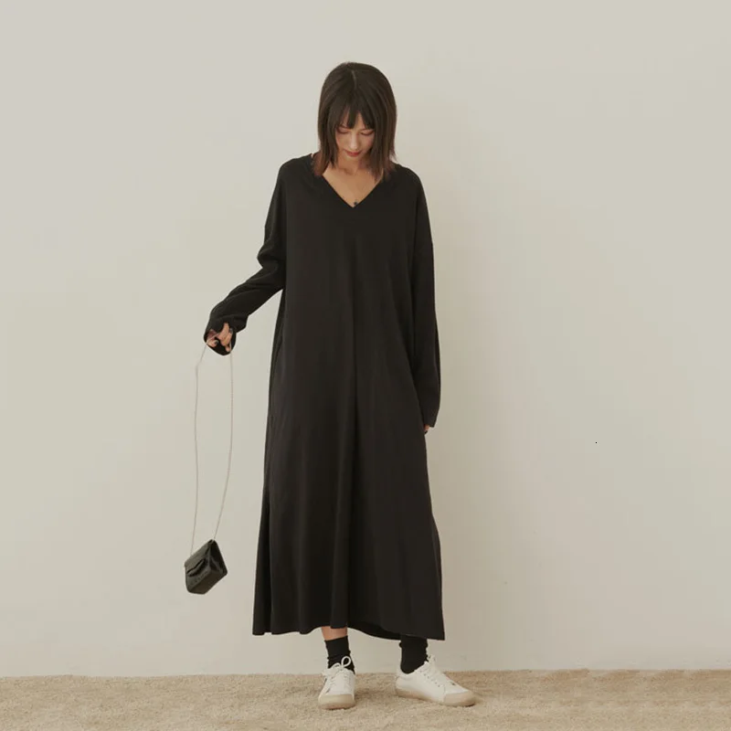 [EAM] женское черное короткое длинное платье-футболка с v-образным вырезом, с длинным рукавом, свободный крой, модный стиль, весна-осень, 1м768