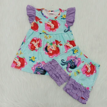 

toddler girl cartoon print clothes boutique summer baby girl ruffle shorts outfit Mermaid pattern kid girl 2 pcs summer outfit